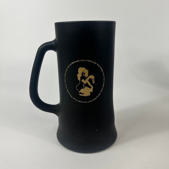 5 Vintage Playboy Club Black Drinking Mugs Glass Matte Black Gold Tankard 16oz - Picture 4 of 16
